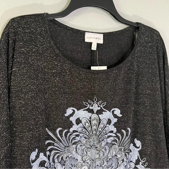 Fashion Bug Ruched Top NEW Black Silver Sparkle Blouse Plus Size 2X Medallion - Picture 3 of 10